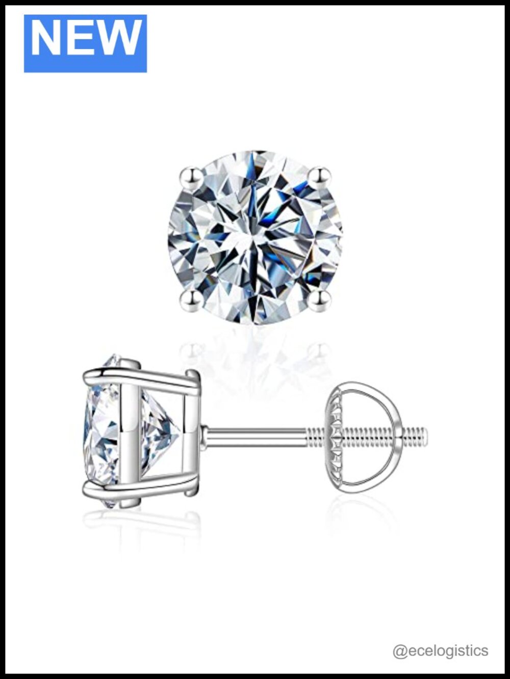 Moissanite Stud Earrings 925 Sterling Silver 14K White Gold Vermeil 4ct Round